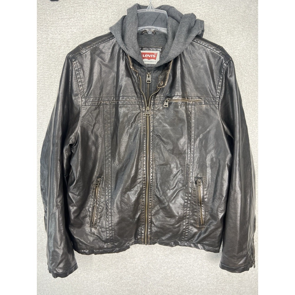 Levi's LM4RU924 Faux Leather Hooded Jacket Mens L Dark Brown Moto Bomber Bib